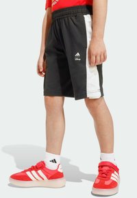 Čierne atletické šortky s bielymi sieťkovými bočnými panelmi, elastickým pásom a malými logami. Pár červených športových topánok s bielymi pruhmi a svetlými podrážkami.