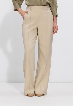 Beige wijde broek met hoge taille, voornaad en zijzakken, gedragen met een metallic blouse met lange mouwen en puntige bruine schoenen.