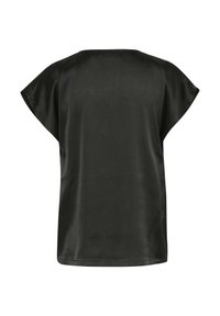 Blouse satin noire à manches courtes, avec un col rond et une coupe décontractée, vue de dos sur un fond blanc.
