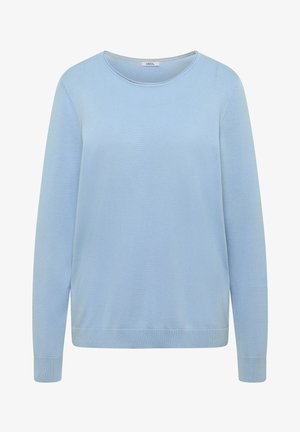 Lichtblauwe trui met lange mouwen, ronde hals, geribbelde manchetten en zoom, met het label "CECIL" bij de kraag.