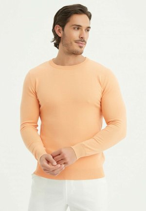 Pull en rib en orange clair avec un col rond et des manches longues, associé à un pantalon blanc. Texture lisse, design ajusté.