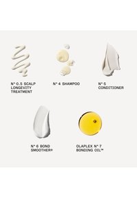 Cinq textures de produits capillaires présentées avec leurs étiquettes : crème traitement du cuir chevelu, liquide shampoing, crème après-shampoing, crème lissante pour la liaison, goutte d'huile de liaison.