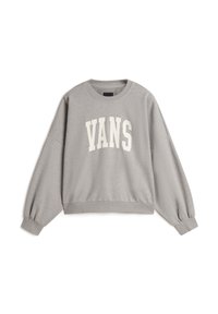 Sweatshirt gris avec "VANS" imprimé en lettres blanches en gras. Présente un col rond, des manches longues et des bords côtes au niveau des poignets et de l'ourlet. Texture douce.