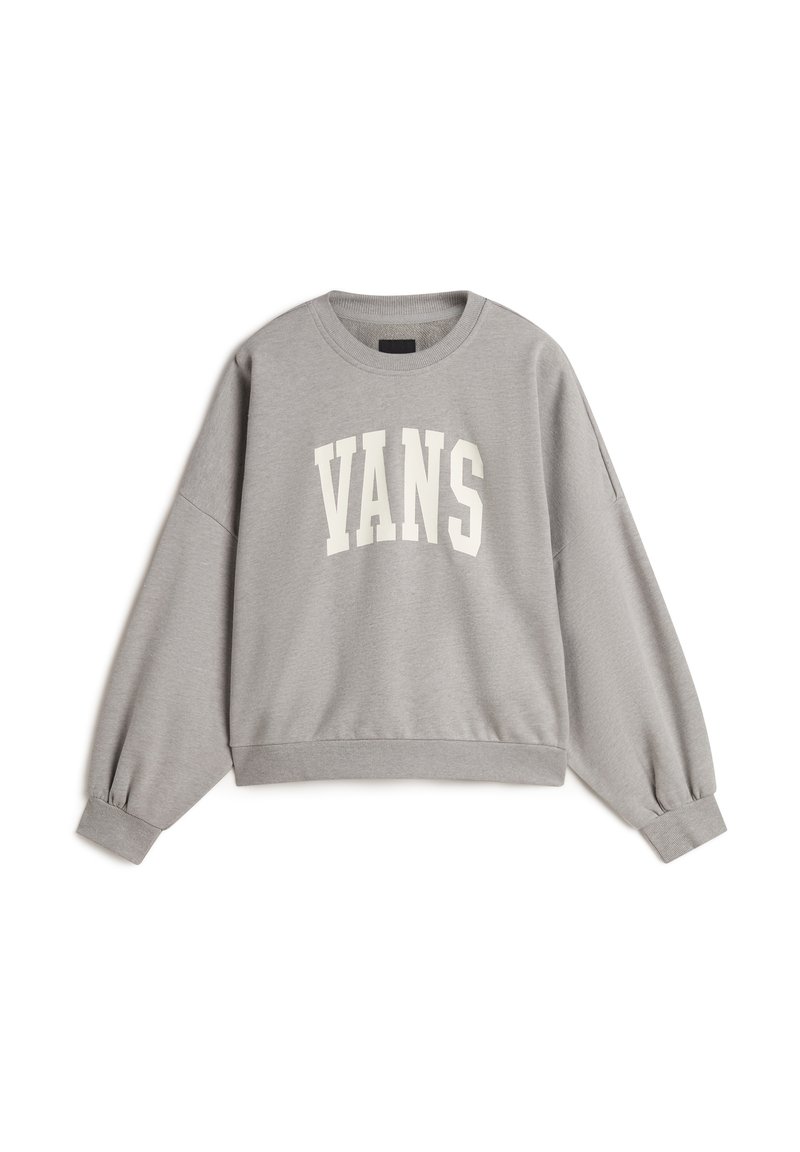 Sweatshirt gris avec "VANS" imprimé en lettres blanches en gras. Présente un col rond, des manches longues et des bords côtes au niveau des poignets et de l'ourlet. Texture douce.