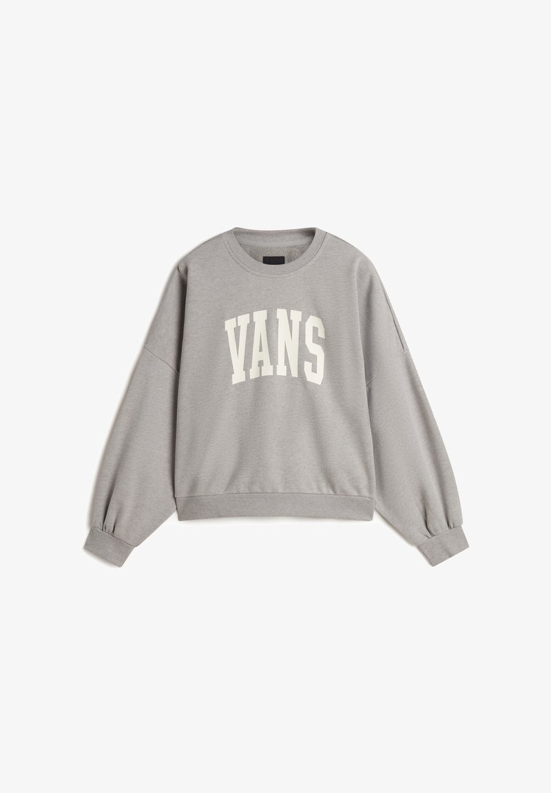 Grauer Kapuzenpullover mit "VANS" in fetten weißen Buchstaben bedruckt. Mit Rundhals, langen Ärmeln und gerippten Bündchen und Saum. Weicher Stoff.