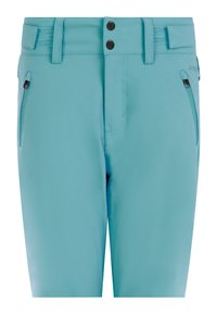 Voorkant van lichtblauwe broek met twee geometrische zijzakken met ritssluiting en twee zwarte knopen op de tailleband met verstelbare zijbanden.