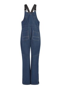 Donkerblauwe denim salopettes met wijde pijpen, twee achterzakken en zwarte verstelbare schouderbanden met "protest" branding.