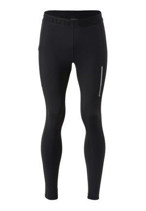 Schwarze, knöchellange Sportleggings mit hohem Bund und einem kleinen reflektierenden Streifen am rechten Oberschenkel.