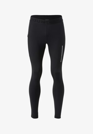 Schwarze, knöchellange Sportleggings mit hohem Bund und einem kleinen reflektierenden Streifen am rechten Oberschenkel.