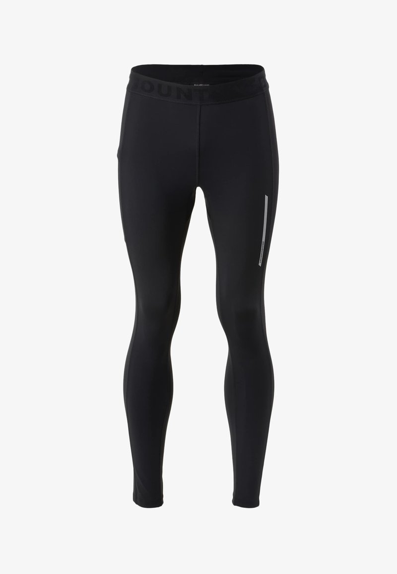 Leggings de sport noirs longueur totale avec une taille haute et une petite bande réfléchissante sur la cuisse droite.