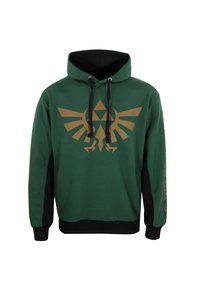 Zelená mikina s kapucí s velkým zlatým logem Triforce na přední straně; černé akcenty na rukávech a lemu; nastavitelné šňůrky; měkká textilní textura.