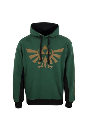Grüne Kapuzenjacke mit einem großen goldenen Triforce-Logo auf der Vorderseite; schwarze Akzente an den Ärmeln und am Saum; verstellbare Kordelzüge; weicher Stoff.