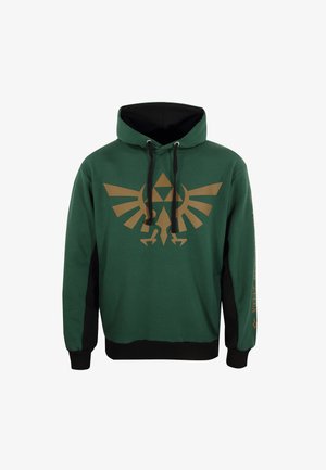 Groene hoodie met een groot gouden Triforce-logo op de voorkant; zwarte accenten op de mouwen en de zoom; verstelbare koordjes; zachte stofstructuur.