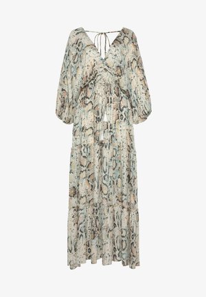 Lange, vloeiende jurk van lichtgewicht stof met een slangenhuidpatroon in beige, grijs en teal. V-hals, ballonmouwen en gelaagd ontwerp.