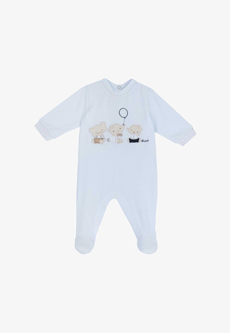 Body de bébé bleu clair à manches longues, orné de trois appliqués d'ours et d'un ballon. Matière en coton doux, fermeture pressionnée au cou.