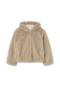 Chaqueta de piel sintética beige con capucha, cierre frontal y mangas largas. Textura suave y apariencia mullida, con un diseño de ajuste relajado.