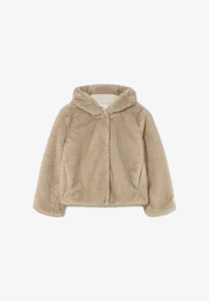 Chaqueta de piel sintética beige con capucha, cierre frontal y mangas largas. Textura suave y apariencia mullida, con un diseño de ajuste relajado.