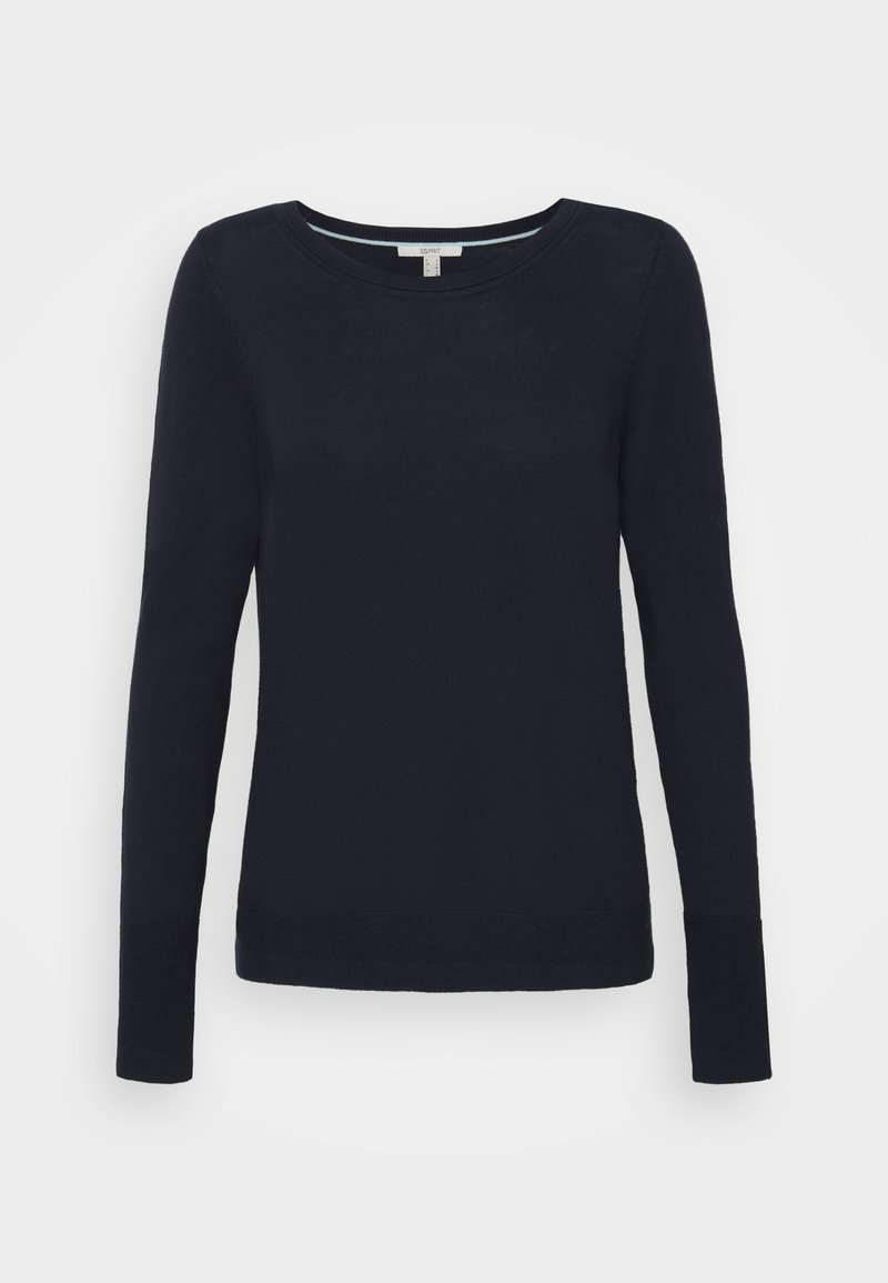 Pull femme bleu marine à manches longues avec encolure ronde et poignets ainsi que bas côtelés, présenté sur fond blanc.