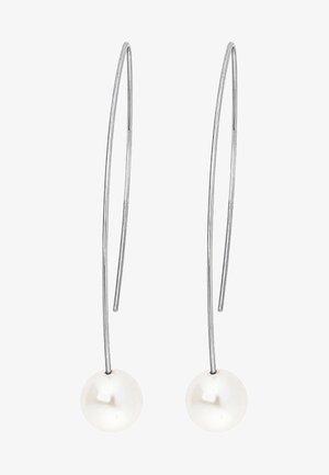 Strieborné náušnice z drôtu so predĺženými háčikmi a bielou perlou na konci, vyznačujúce sa hladkým, lesklým povrchom.