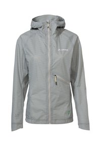 Giacca impermeabile grigio chiaro con cerniera frontale, cappuccio regolabile e tasca laterale con cerniera gialla. Realizzata in materiale testurizzato.
