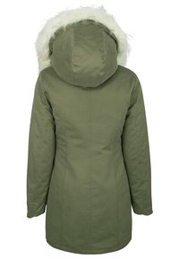 Oliven grøn parka med hætte i faux fur, lange ærmer og lige snit. Har lodrette sømme på ryggen.