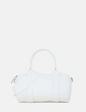 Sac à main cylindrique blanc avec deux poignées, bandoulière amovible et fermeture éclair sur le dessus, présenté sur un fond uni.