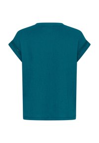 Haut en maille turquoise à manches courtes avec un col rond et des manches retroussées, montré de dos sur fond blanc.