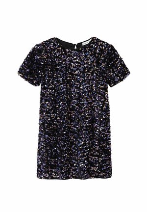Robe courte noire à manches courtes, entièrement couverte de sequins noirs et violets scintillants.