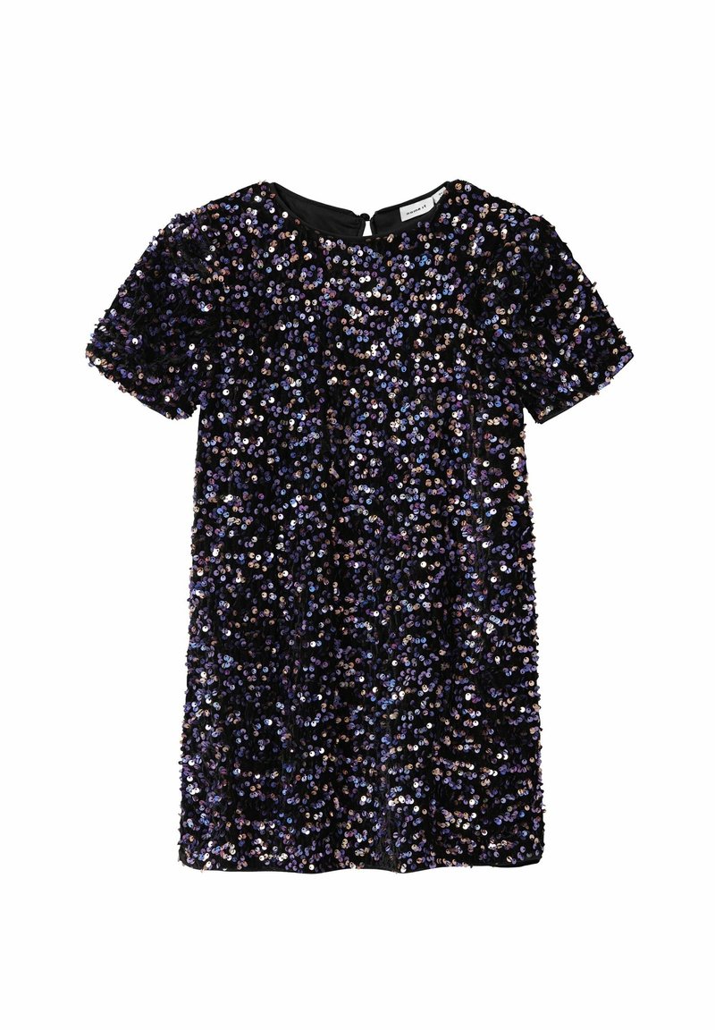 Robe courte noire à manches courtes, entièrement couverte de sequins noirs et violets scintillants.