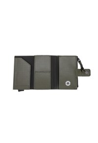 Olijfgroene portemonnee van gestructureerd materiaal, met meerdere kaartvakken, een ritscompartiment en een kenmerkend wit kruislogo.