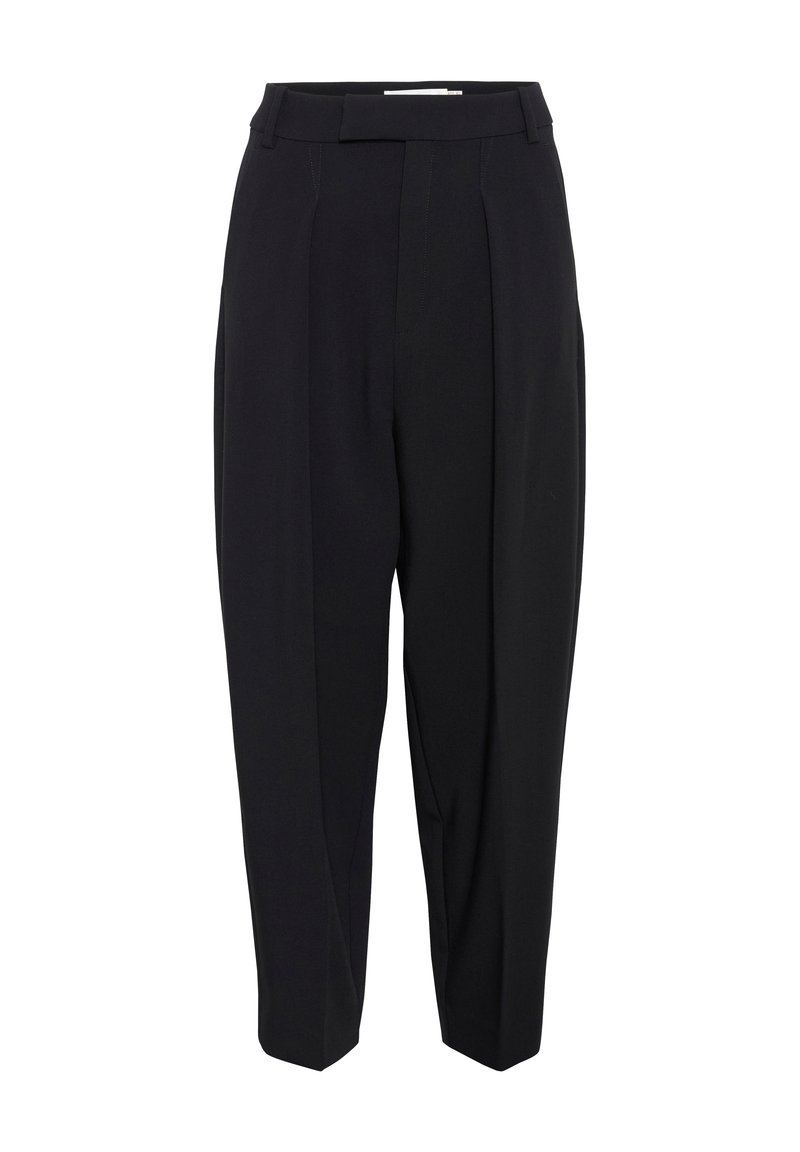 Schwarze, taillierte Hose mit hoher Taille, mit Falten und einem verkürzten, schmal zulaufenden Bein. Glattes Material mit matter Oberfläche.