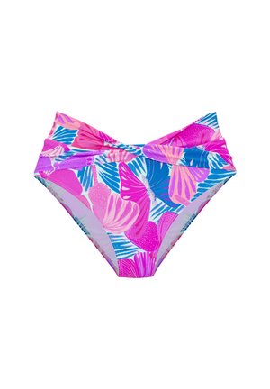 High-waisted bikini bottom with pink, purple, and blue tropical leaf and shell patterns and a twisted waistband design.