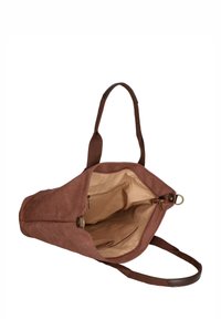 Borsa tote in tela marrone con un'ampia apertura, tasca interna e manici doppi. Tessuto liscio con interiori morbidi.