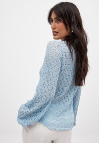 Lichtblauwe blouse met lange mouwen, gemaakt van textuurstof met een losse pasvorm, voorzien van een haakpatroon en een gegolfde zoom.