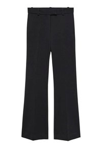 Czarne spodniowe garniturowe o wysokim stanie z pętelkami na pasek, z przodem z fałdą i szerokimi prostymi nogawkami, wyeksponowane na białym tle.