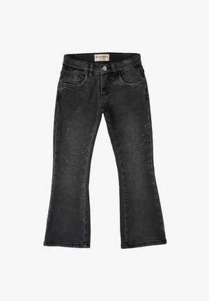 I jeans flare in denim nero presentano una vita a media altezza, tasche frontali e decorazioni lungo le gambe. L'orlo finito conferisce un aspetto curato.