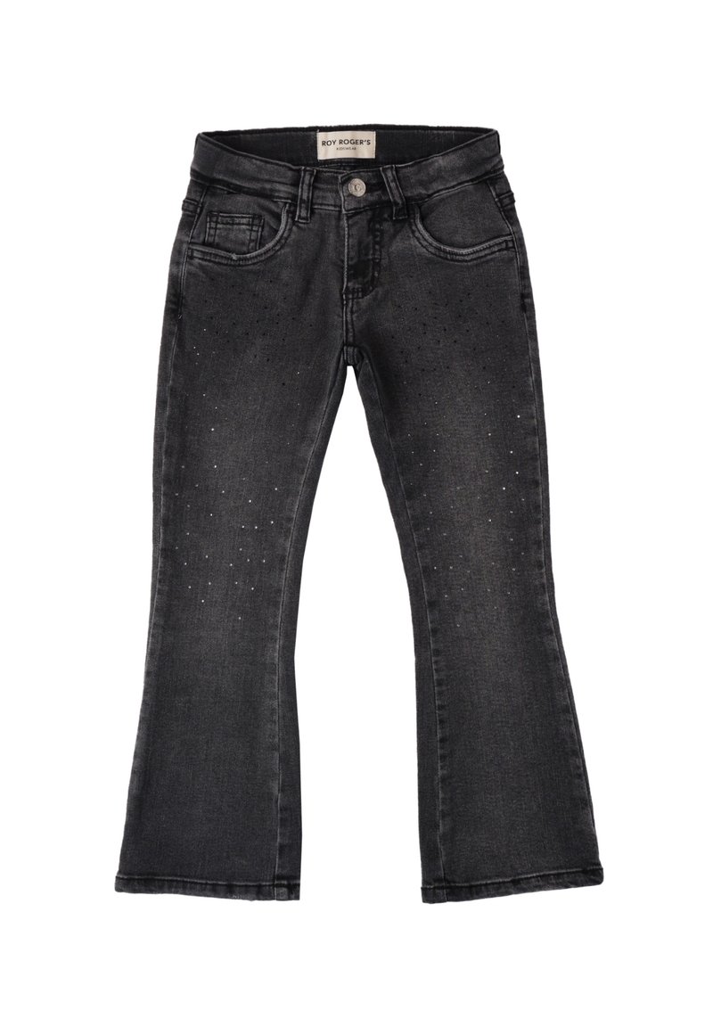 Los jeans acampanados de mezclilla negra presentan una cintura de media altura, bolsillos frontales y adornos a lo largo de las piernas. El dobladillo acabado añade un aspecto pulido.