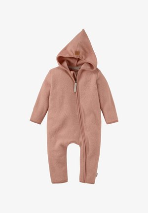 Weicher rosa Fleece Babysoverall mit Kapuze und Front-Reißverschluss, entworfen für Wärme und einfaches Ankleiden.