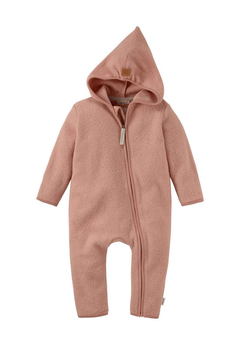 Zacht rozenkwarts fleeceduit met capuchon en voorste ritssluiting, ontworpen voor warmte en gemakkelijke aankleedbaarheid.