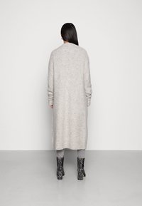 Długi, jasnoszary sweter z dzianiny, wykonany z miękkiego materiału, z pełnymi rękawami i prostym krojem, połączony z czarnymi, skórzanymi botkami w wężowy wzór.