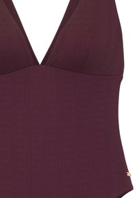 Temno slivovo ribasto oblačilo za kopanje z globokim V-izrezom in majhnimi naramnicami.