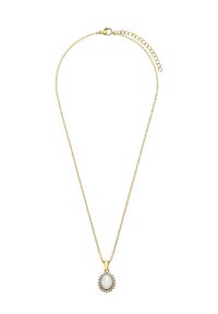 Gouden ketting met een kettingontwerp. Bevat een witte stenen hanger omringd door een zonnestraalaccent. Verstelbare lengte met een haaksluiting.