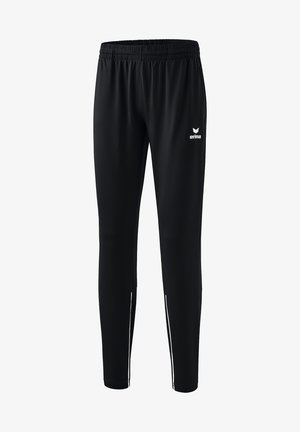 Zwarte sportbroek van synthetisch materiaal, met een elastische tailleband, tapered fit en witte zijkanten met een logo.
