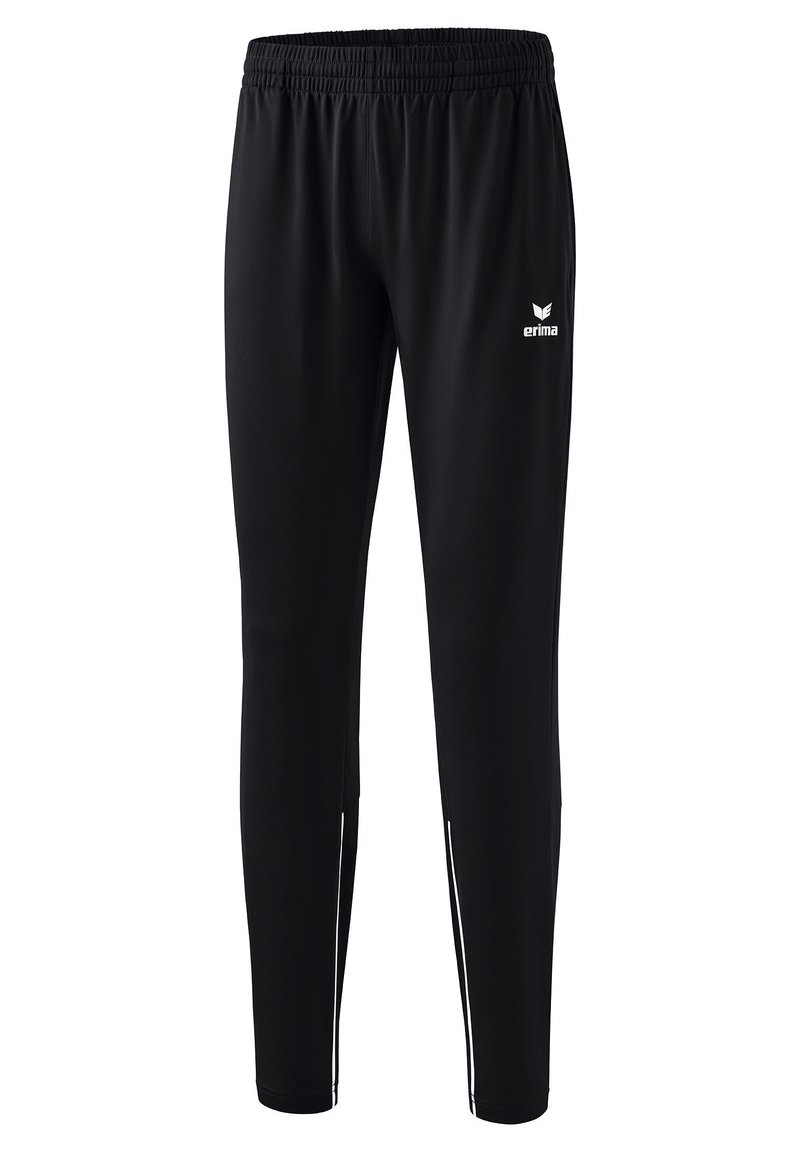 Schwarze Sporthosen aus synthetischem Material, mit einem dehnbaren Bund, schmalem Schnitt und weißen Seitenstreifen mit einem Logo.