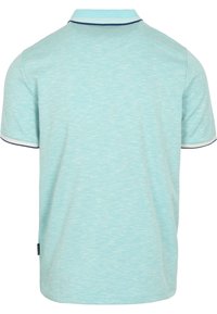Lichtblauwe polo met een gestructureerde stof, voorzien van een kraag met een marineblauwe streep. Het shirt heeft korte mouwen en een licht getailleerde pasvorm.