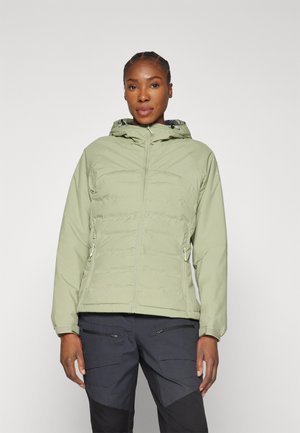 Hellgrüne Steppjacke mit Reißverschluss vorne, Kapuze und Seitentaschen. Glatte Textur, leicht gepolstertes Design, mit Kordelzug-Ösen.