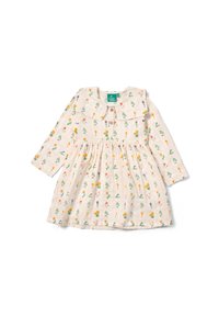 Baumwollkleid mit Blumenmuster auf hellem Hintergrund, langen Ärmeln, Rüschensaum und Knöpfen auf der Vorderseite. Hat eine geraffte Taille und verschiedene Blumendesigns.