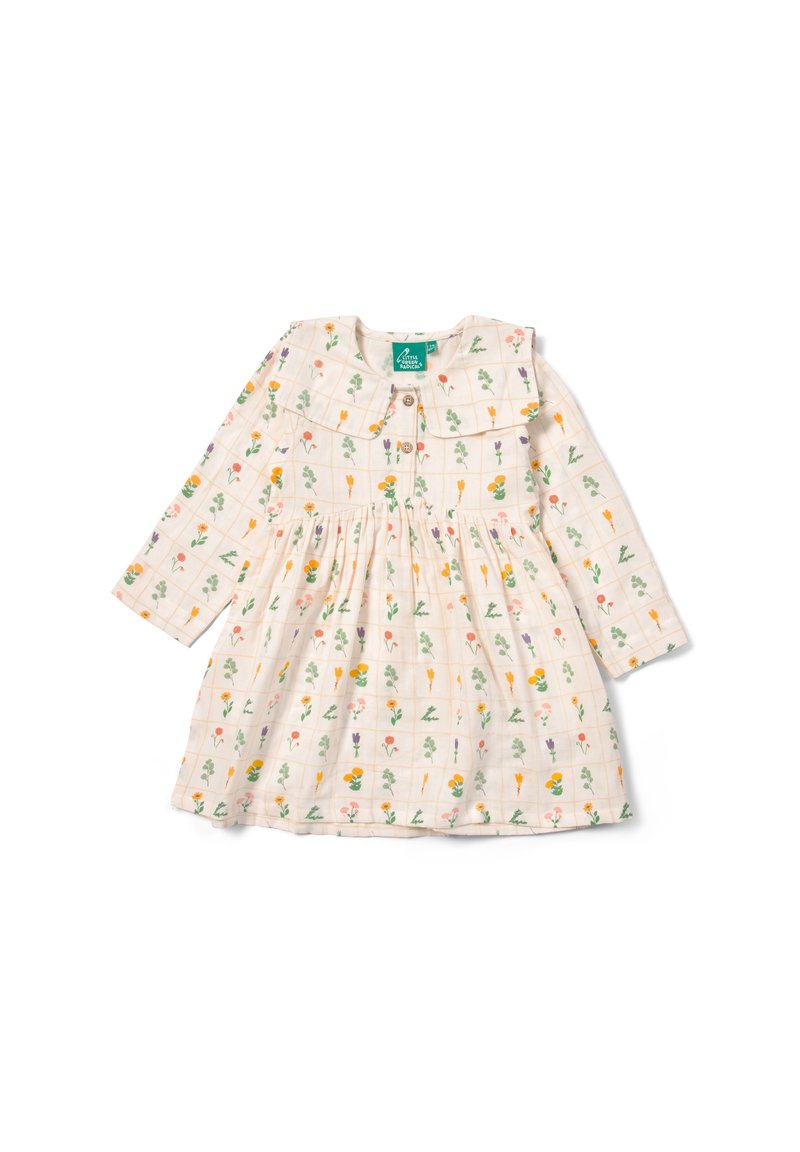 Baumwollkleid mit Blumenmuster auf hellem Hintergrund, langen Ärmeln, Rüschensaum und Knöpfen auf der Vorderseite. Hat eine geraffte Taille und verschiedene Blumendesigns.