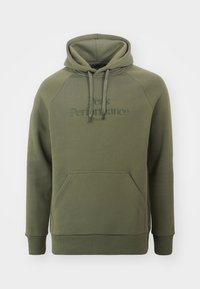 Olijfgroene hoodie met een kangoeroezak, ribbelboorden en -zoom, trekkoorden en embossering van de tekst "Peak Performance" op de voorkant.