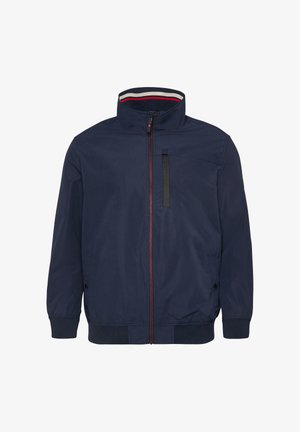 Marineblaue Herren-Jacke mit Reißverschluss, hohem Kragen, vertikaler Brusttasche, Seitentaschen mit Knöpfen und gestreiftem Innenkragen.